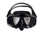 Low-profile dual lens mask with black frame and black skirt
